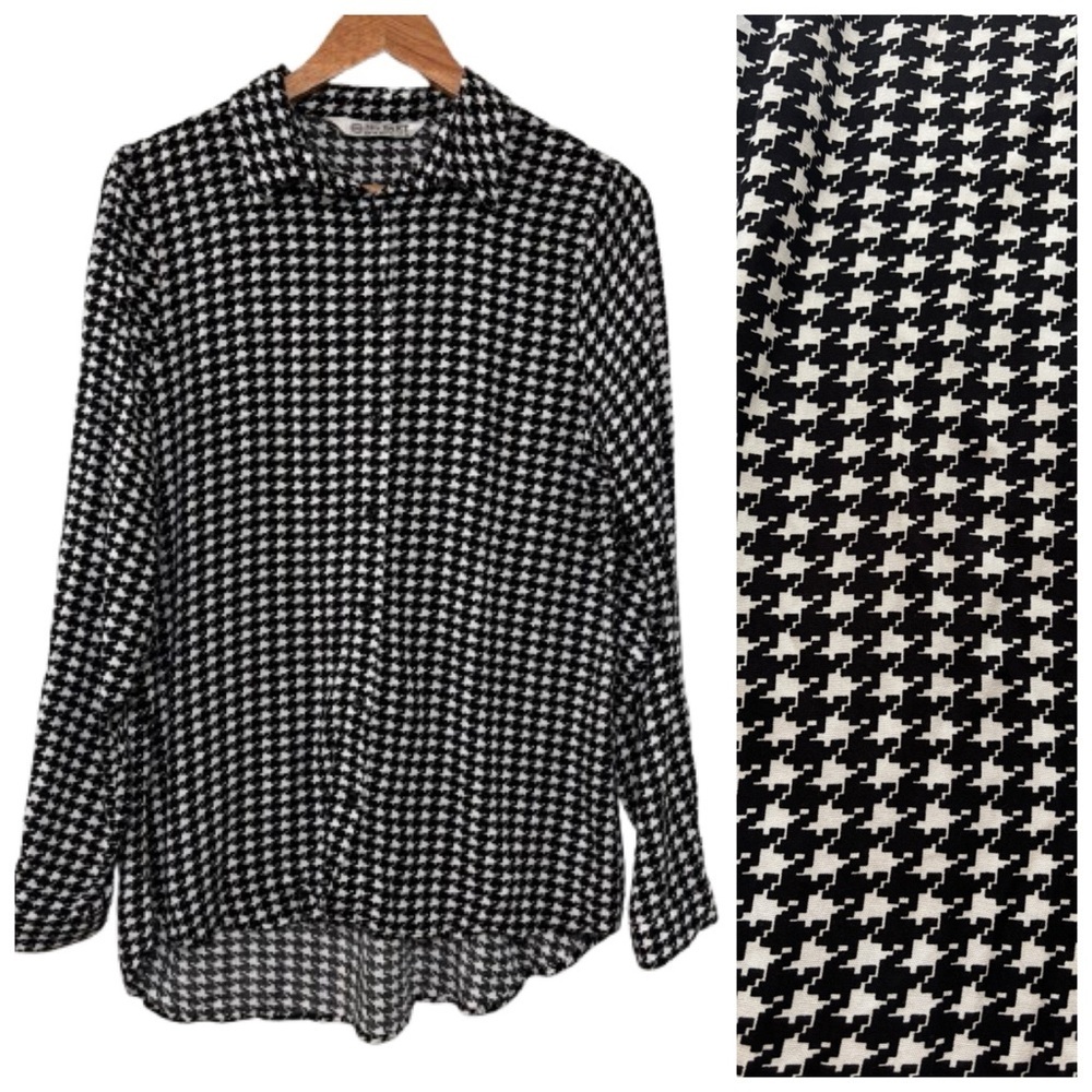 Amazon Big Dart Black White Houndstooth Women’s Button Down Shirt Size L